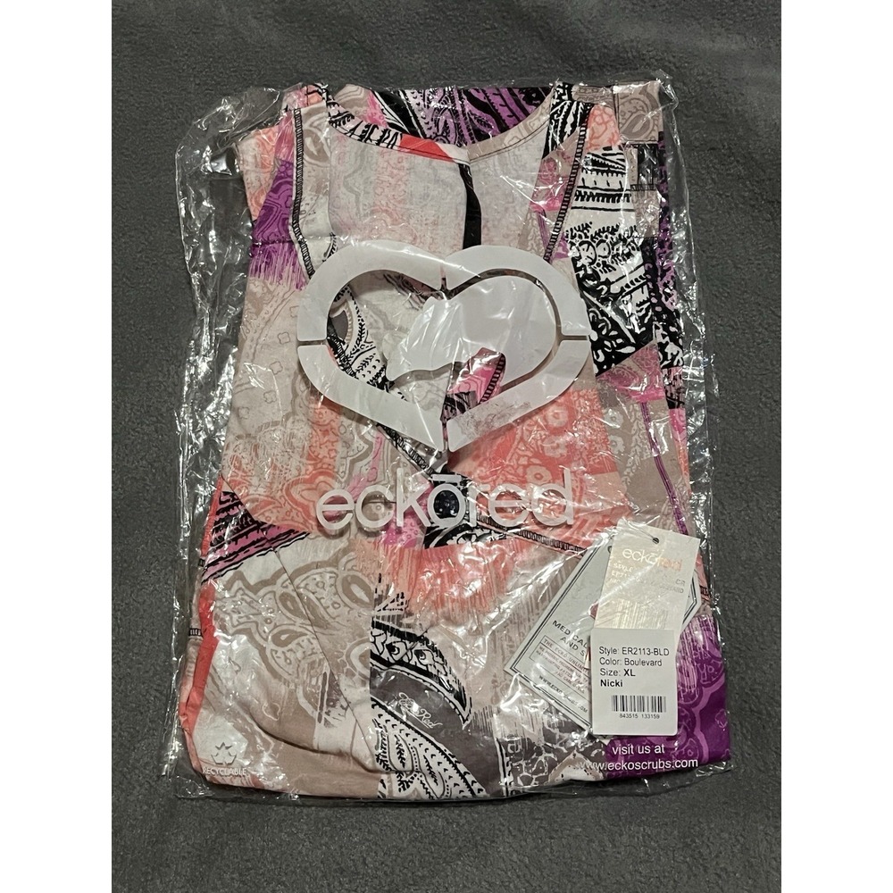 Ecko Red Women's XL Scrubs Shirt Top Purple-Coral-Tan Boulevard Paisley Nicki